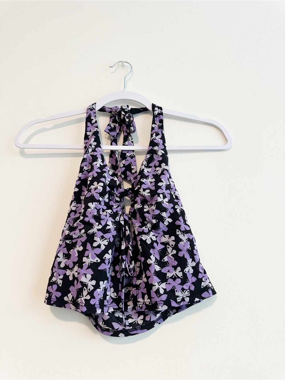 Urban Renewal Black Floral Halter Crop Top with Lavender and White Flowers